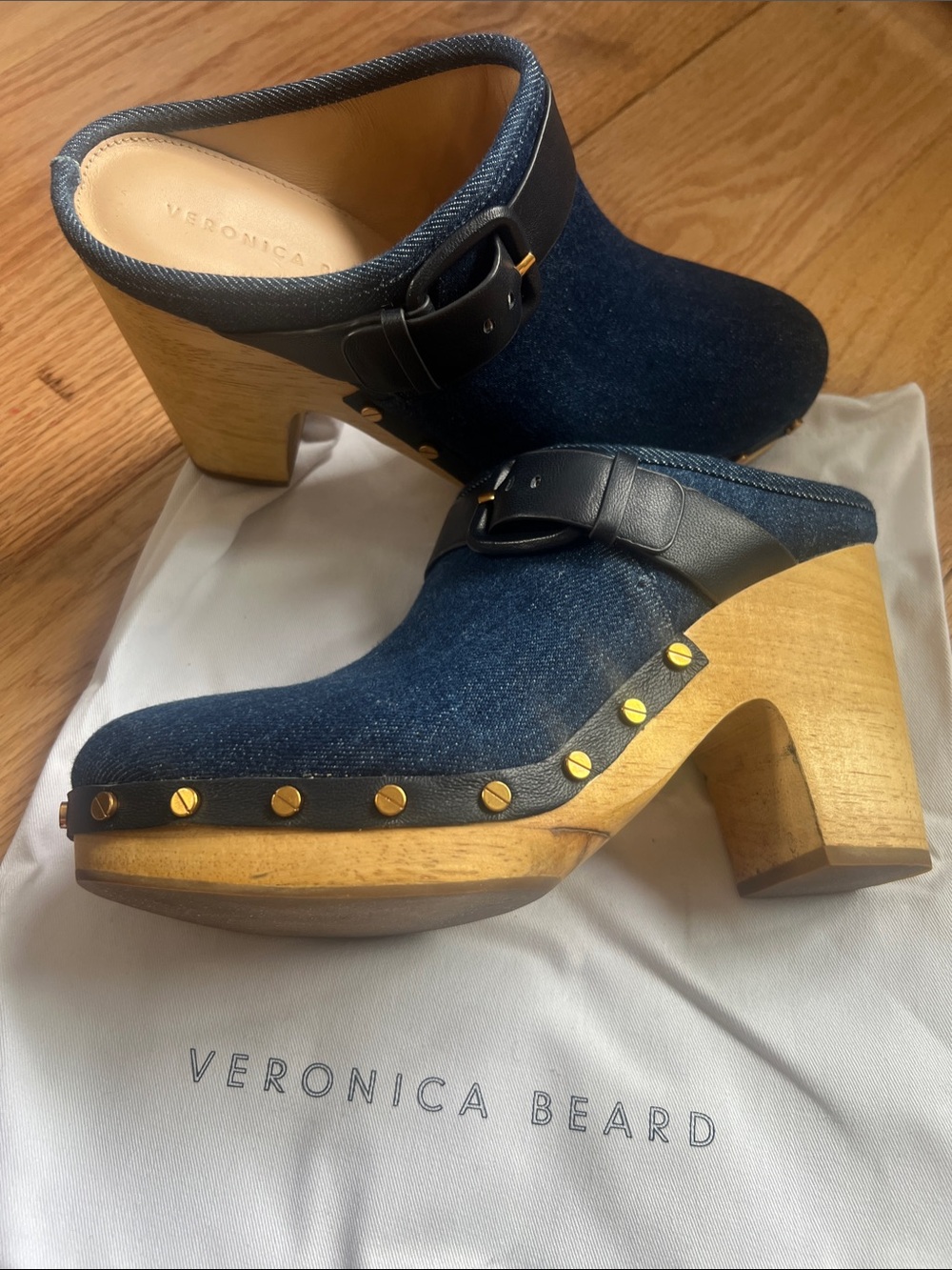 Veronica Beard Dark Denim and Black Leather Studded Wood Clogs